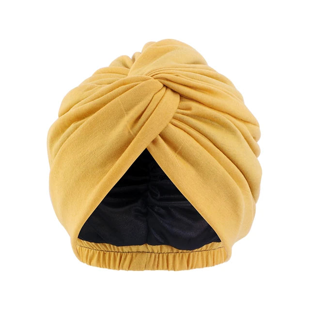 Newly Satin Linning Turban Knotted Double Layer Stretch Head Wrap For Women Indian Cap Muslim Femme Bandanas Hair Care Chemo Cap